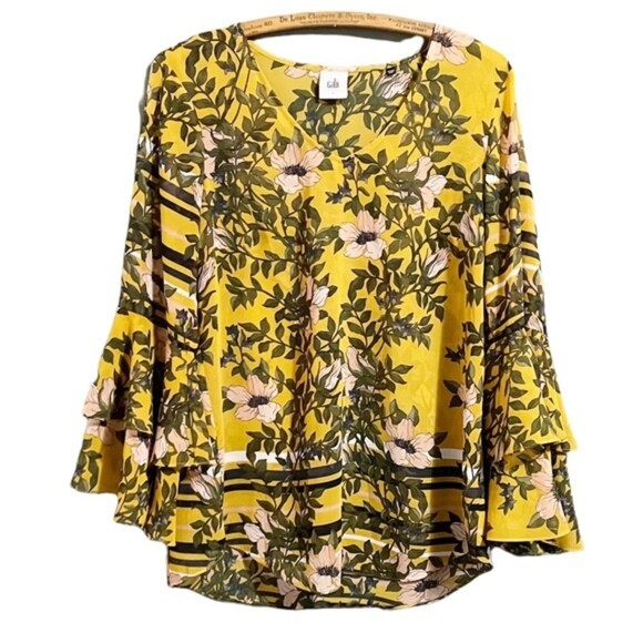 Cabi Top Trumpet Sleeve Yellow & Pink Floral Print Blouse Size Small Mod Boho - Picture 9 of 9